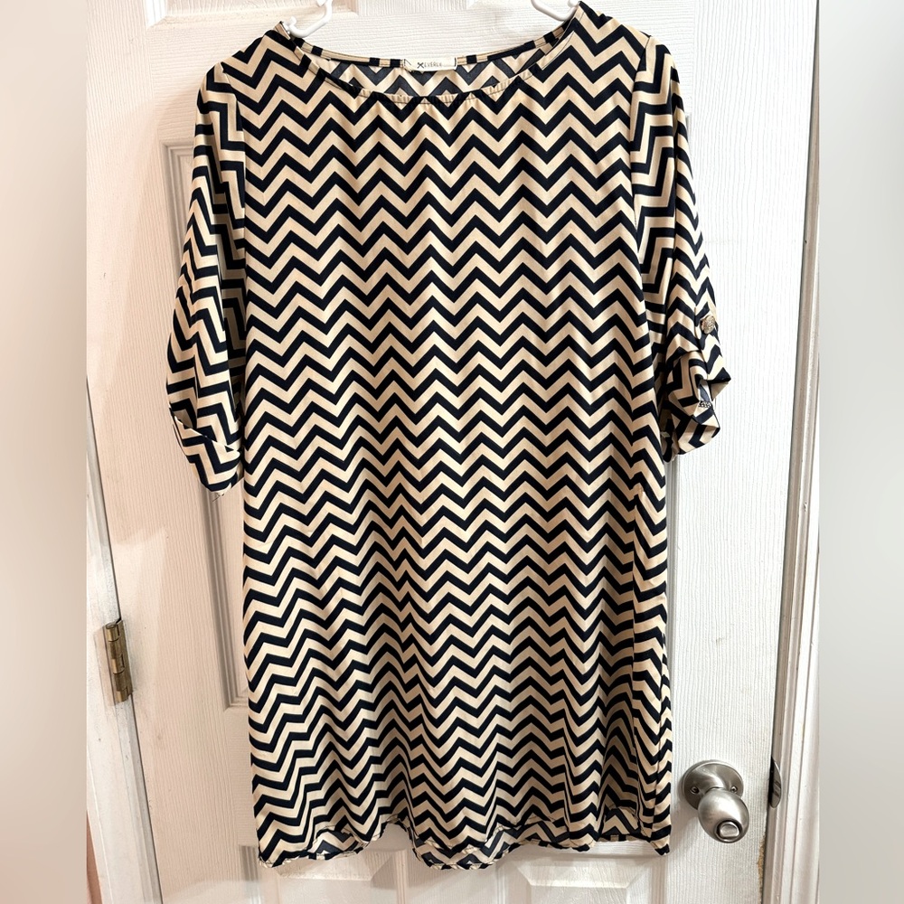 Everly Navy & Tan Chevron Women’s Mini Dress / Long Top with Gold Hardware